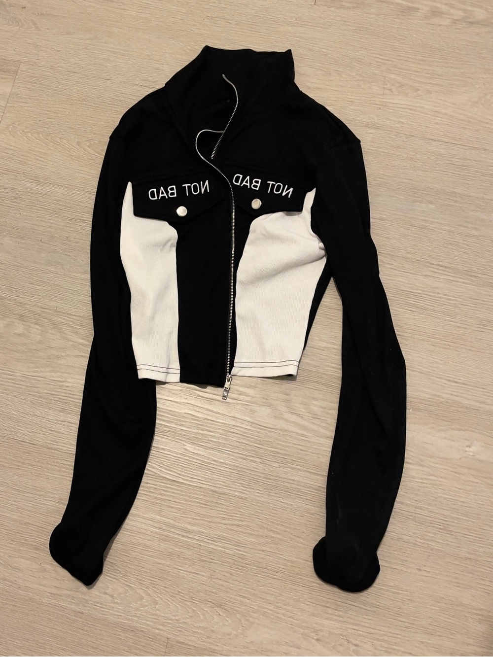 SHEIN Black & White 'Not Bad' Zip-Front Crop Jacket